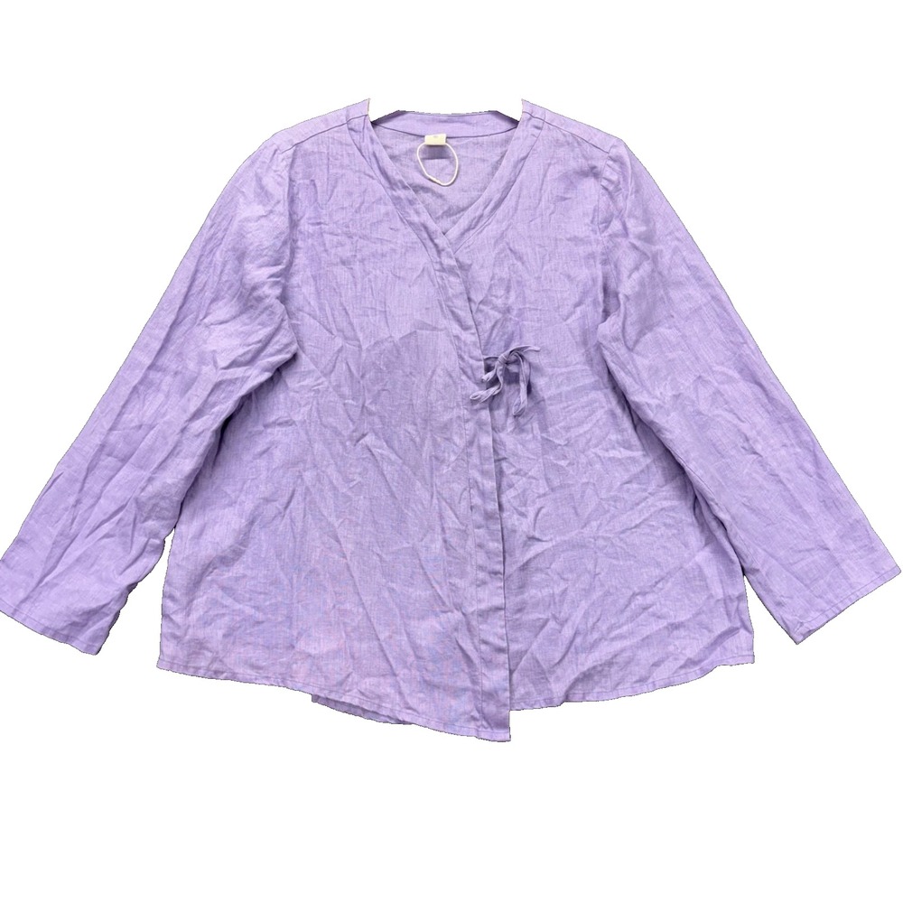 Lintico Top Womens XXL Lavender 100% Linen Tie Front long Sleeve Button Coastal